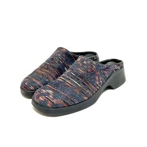 Vintage 1990s blue wool fabric slip on platform heeled mule style clogs